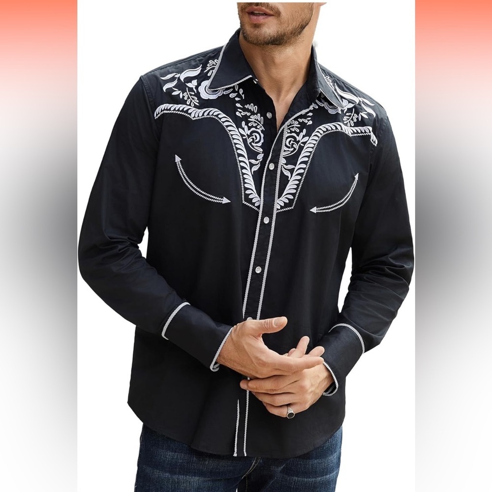 Daupanzees Long Sleeve Button Down Shirt Men’s SZ M Western Embroidered Slim Fit